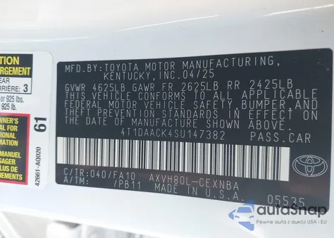 2025 Toyota Camry Le from USA, damaged, VIN 4T1DAACK4SU147382